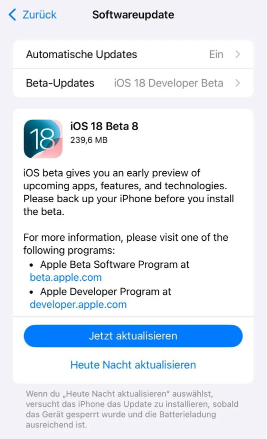 淮安苹果手机维修分享苹果 iOS / iPadOS 18 开发者预览版 Beta 8 发布 